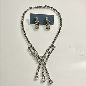 Vintage rhinestone bib tassel necklace and free pierced rhinestone earrings